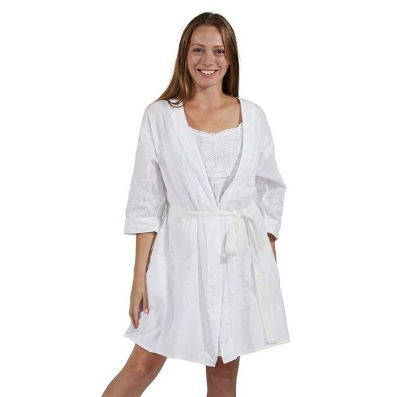 La Cera White Floral Embroidered 100% Cotton Short Robe Medium M - Picture 1 of 14